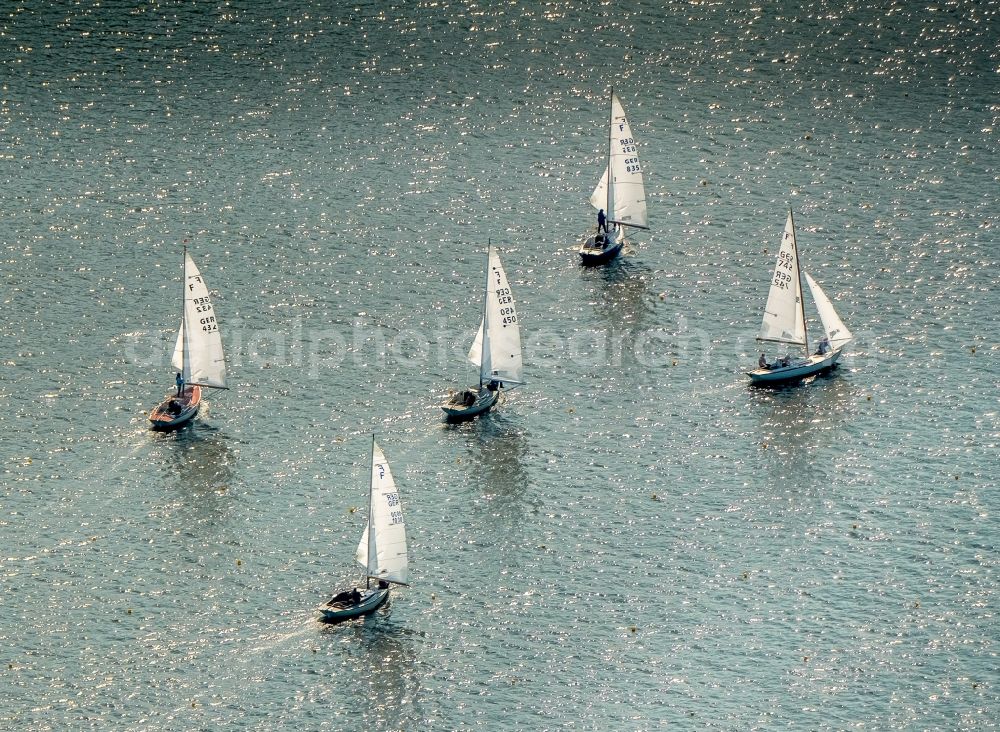 Essen from above - Sailboat under way on Baldeneysee in Essen in the state North Rhine-Westphalia