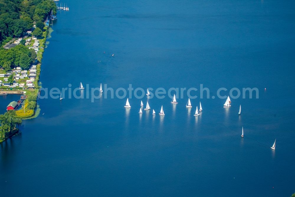 Essen from above - Sailboat under way auf der Ruhr in Essen in the state North Rhine-Westphalia