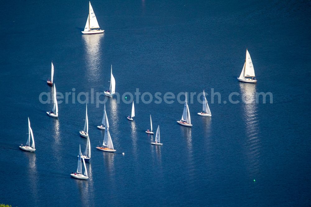 Aerial image Essen - Sailboat under way auf der Ruhr in Essen in the state North Rhine-Westphalia