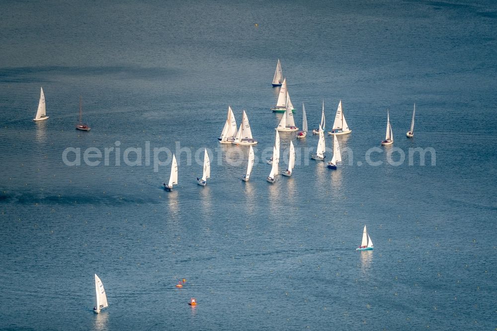 Aerial photograph Essen - Sailboat under way on river Ruhr in Essen in the state North Rhine-Westphalia