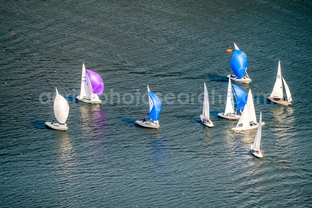 Essen from the bird's eye view: Sailboat under way on river Ruhr in Essen in the state North Rhine-Westphalia