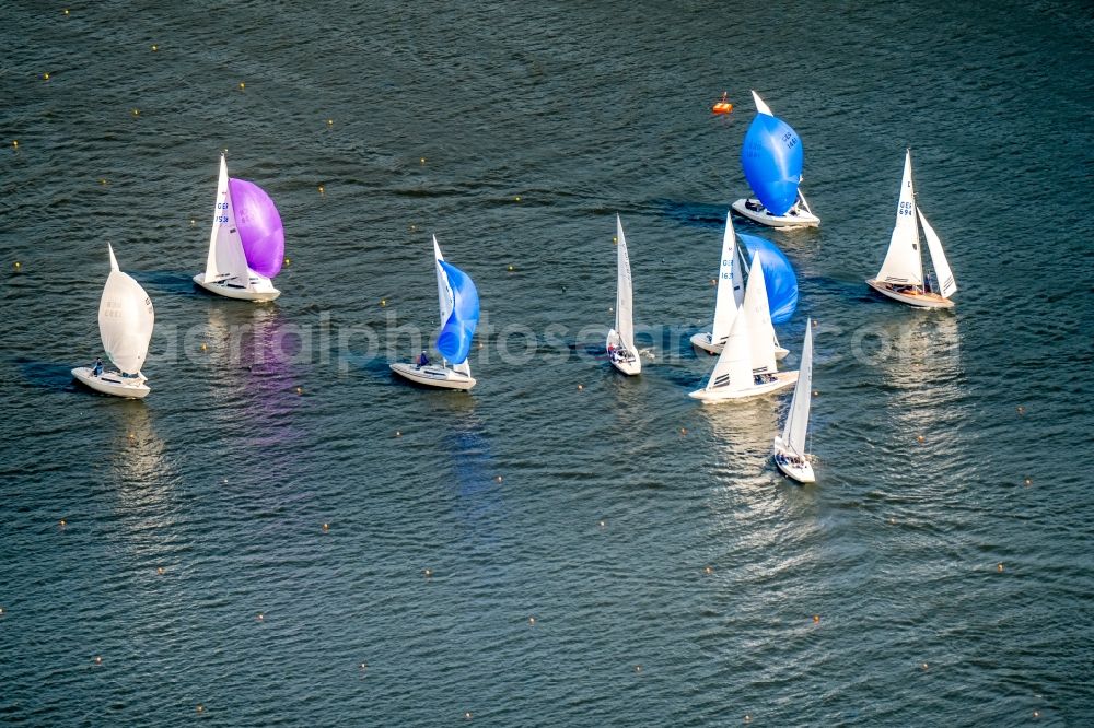 Aerial image Essen - Sailboat under way on river Ruhr in Essen in the state North Rhine-Westphalia