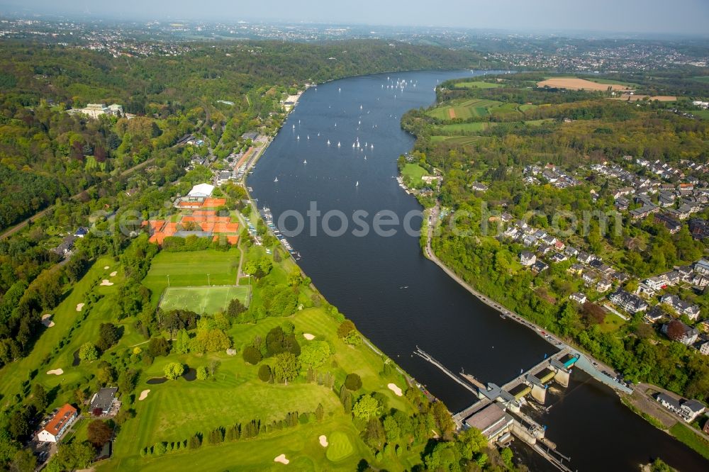 Aerial photograph Essen - Sailboat under way on river Ruhr in Essen in the state North Rhine-Westphalia