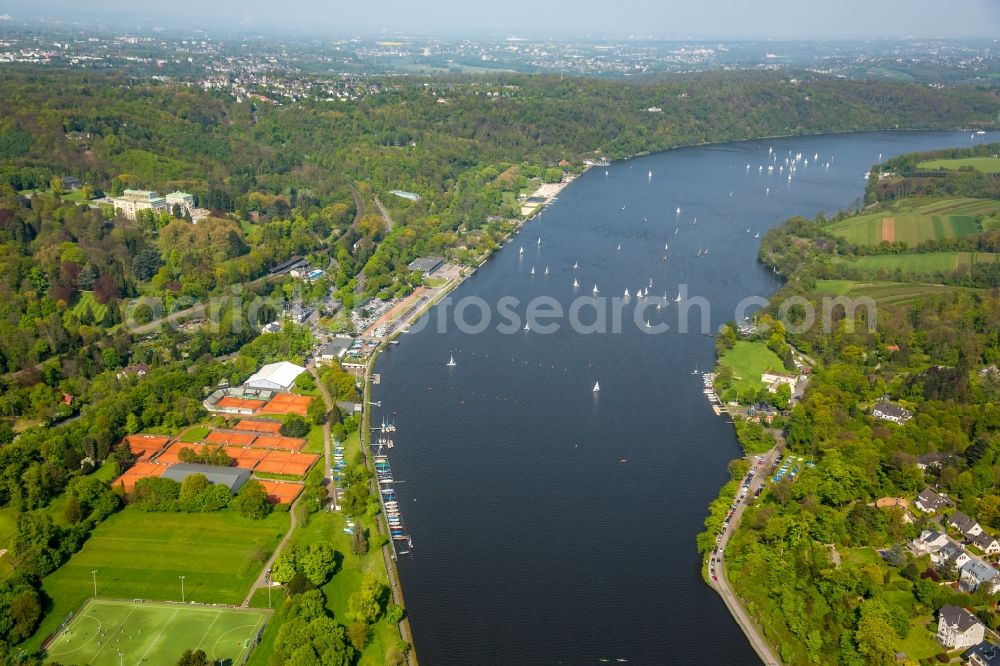 Essen from the bird's eye view: Sailboat under way on river Ruhr in Essen in the state North Rhine-Westphalia