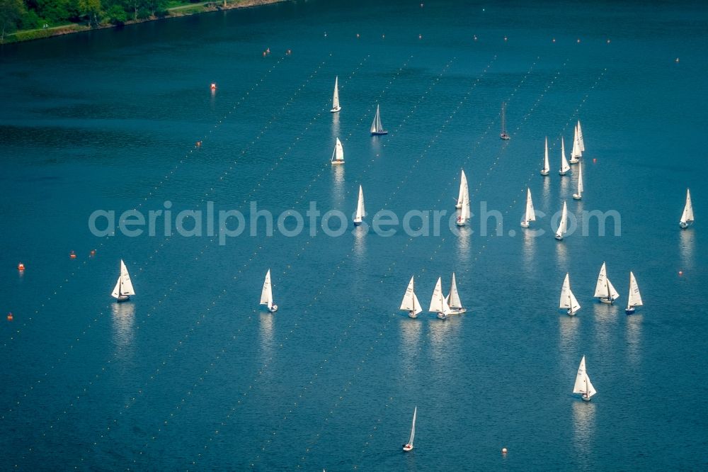 Aerial image Essen - Sailboat under way on river Ruhr in Essen in the state North Rhine-Westphalia