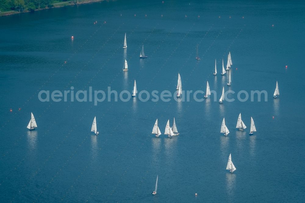 Aerial photograph Essen - Sailboat under way on river Ruhr in Essen in the state North Rhine-Westphalia