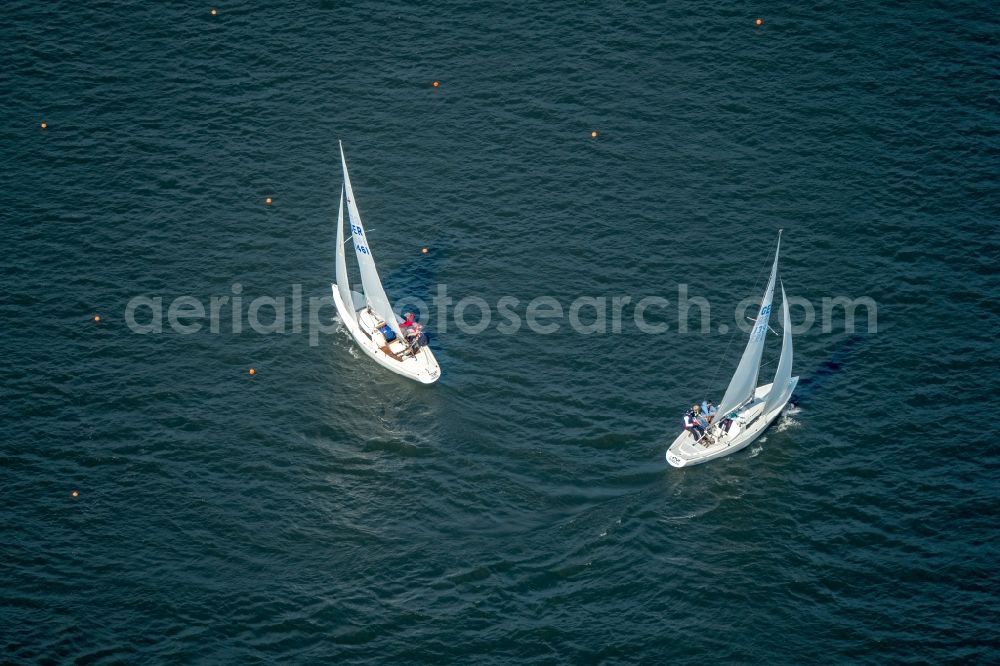 Essen from above - Sailboat under way on river Ruhr in Essen in the state North Rhine-Westphalia