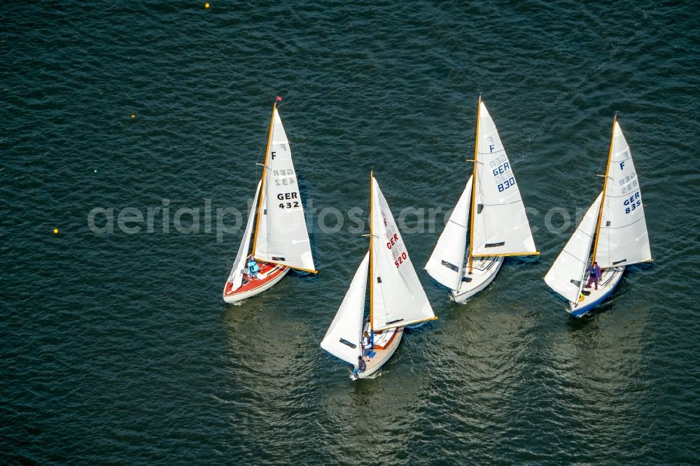 Essen from the bird's eye view: Sailboat under way on river Ruhr in Essen in the state North Rhine-Westphalia