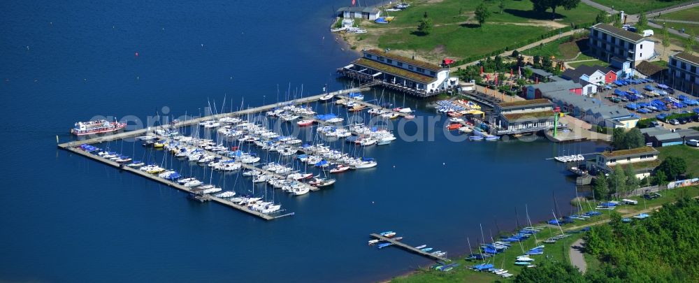 Markkleeberg from above - Sports Boat and yacht harbor on the shores of Lake Cospuden in Markkleeberg in Saxony