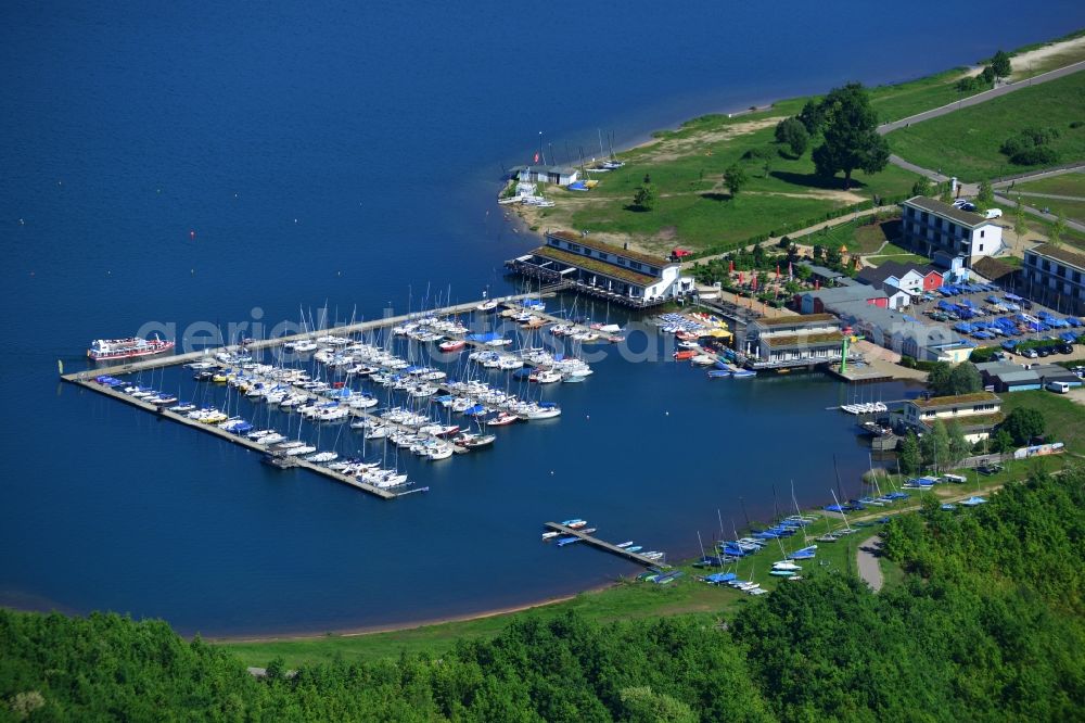 Markkleeberg from the bird's eye view: Sports Boat and yacht harbor on the shores of Lake Cospuden in Markkleeberg in Saxony