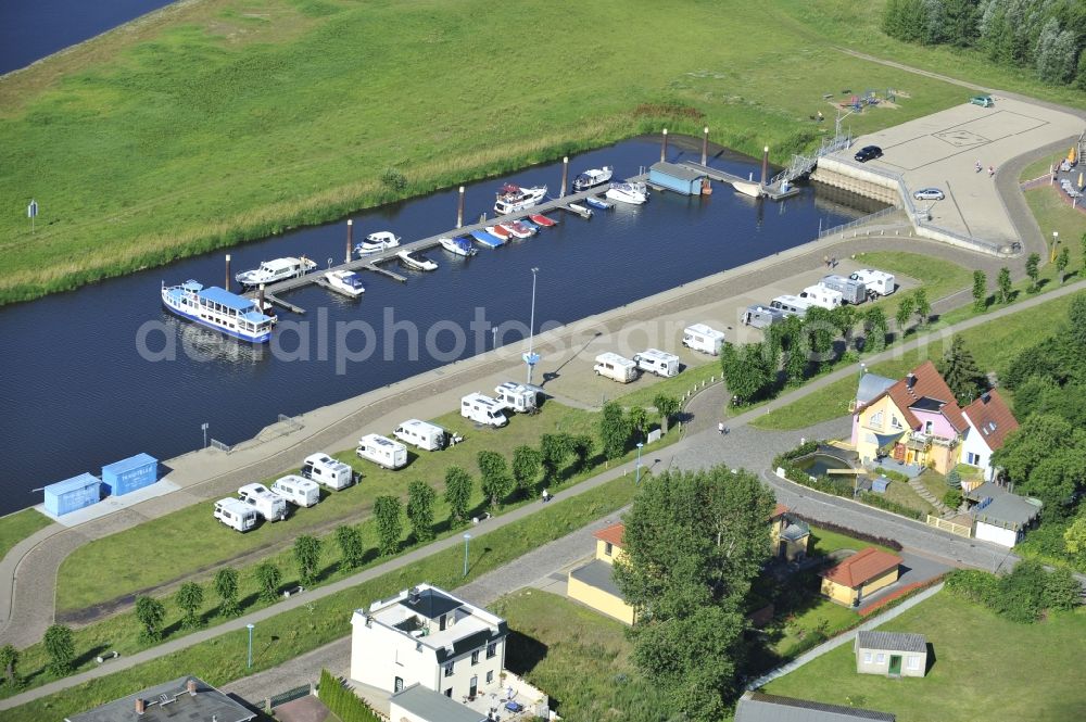 Wittenberge from above - View of the boat harbor / marina Nedwighafen and caravan site at the Elbstrasse in Wittenberge in Brandenburg