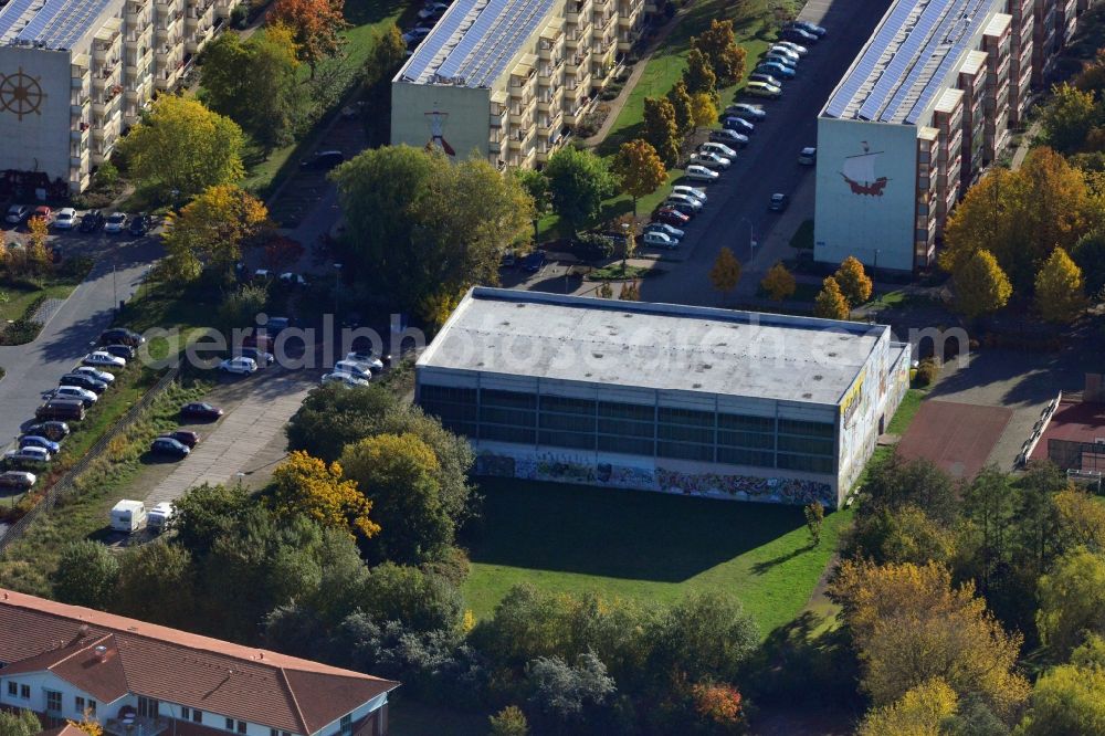 Greifswald from above - View at the sports hall 3 at the Pushkin ring in Greifswald in the federal state Mecklenburg-Vorpommern. The three field sports hall will be used only to play badminton and is operated by the university and Hanseatic City of Greifswald