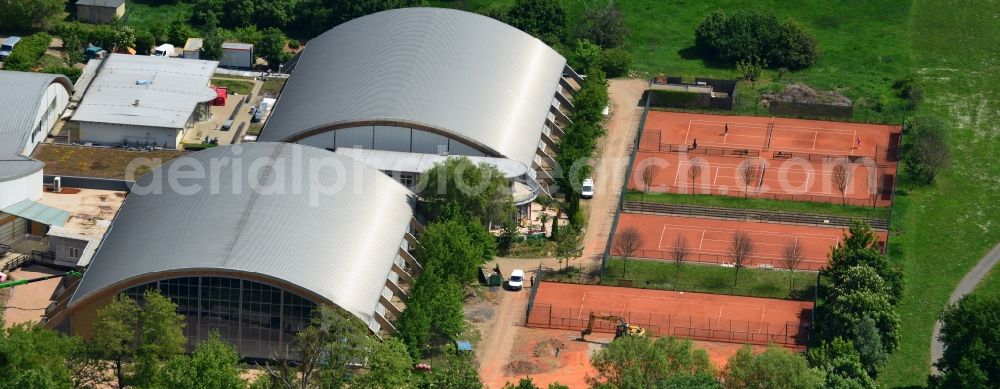 Magdeburg from above - Sports halls of Sort-and fitness center of life in Mr. Krug GmbH & Co. KG before the Reopening after flood damage in Magdeburg in Saxony-Anhalt