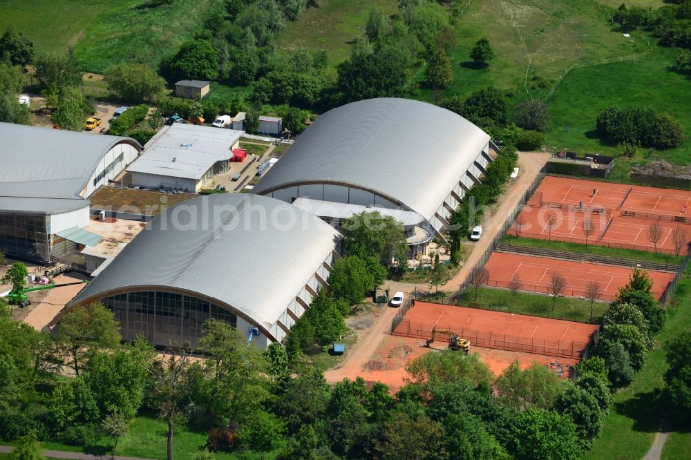 Magdeburg from the bird's eye view: Sports halls of Sort-and fitness center of life in Mr. Krug GmbH & Co. KG before the Reopening after flood damage in Magdeburg in Saxony-Anhalt