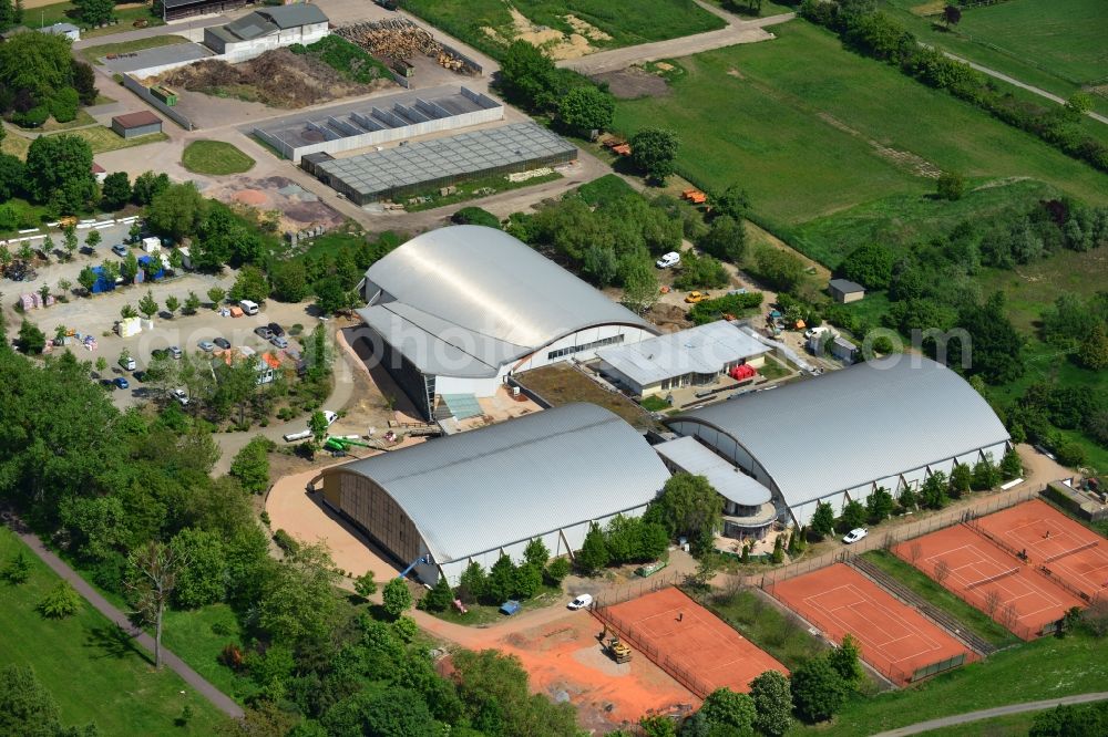 Aerial photograph Magdeburg - Sports halls of Sort-and fitness center of life in Mr. Krug GmbH & Co. KG before the Reopening after flood damage in Magdeburg in Saxony-Anhalt