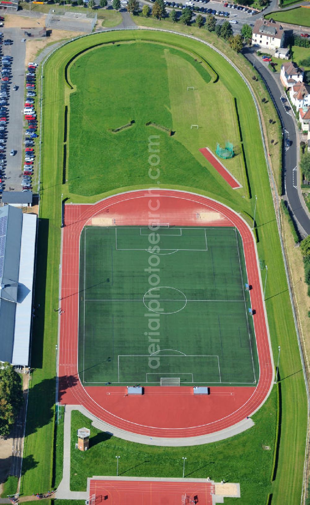 Erbach from above - Stadion / Sportpark mit Pferderennbahn in Erbach im Odenwald / Hessen. Sports Park with horse racing track in Erbach in Odenwald, Hesse.