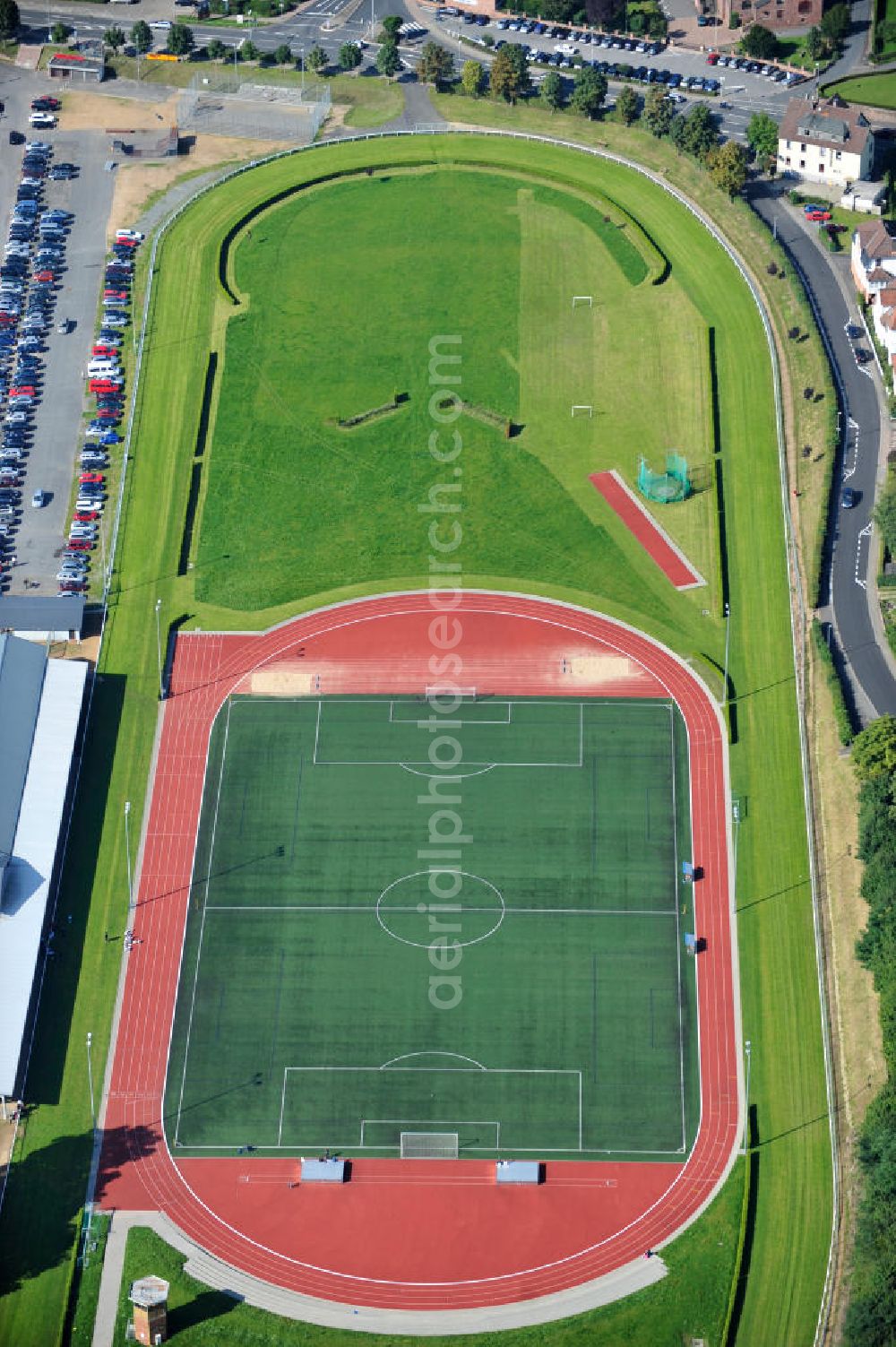 Erbach from the bird's eye view: Stadion / Sportpark mit Pferderennbahn in Erbach im Odenwald / Hessen. Sports Park with horse racing track in Erbach in Odenwald, Hesse.