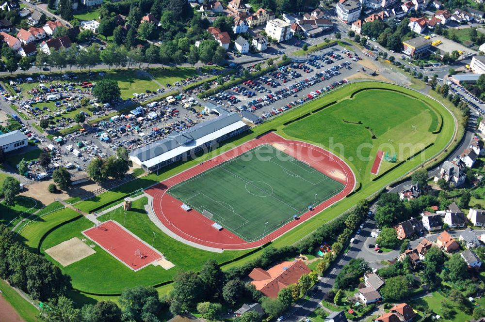 Aerial photograph Erbach - Stadion / Sportpark mit Pferderennbahn in Erbach im Odenwald / Hessen. Sports Park with horse racing track in Erbach in Odenwald, Hesse.