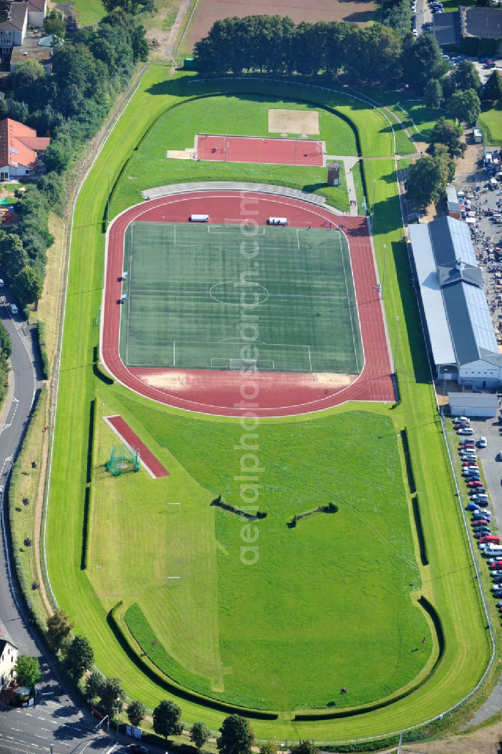 Erbach from above - Stadion / Sportpark mit Pferderennbahn in Erbach im Odenwald / Hessen. Sports Park with horse racing track in Erbach in Odenwald, Hesse.