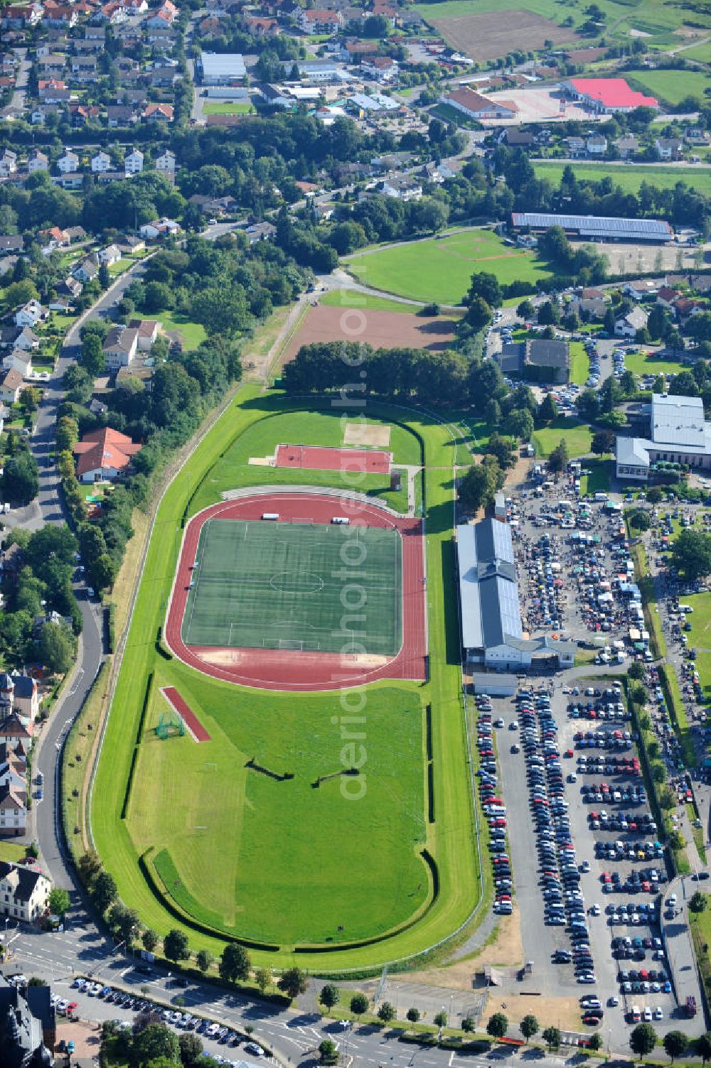 Erbach from the bird's eye view: Stadion / Sportpark mit Pferderennbahn in Erbach im Odenwald / Hessen. Sports Park with horse racing track in Erbach in Odenwald, Hesse.