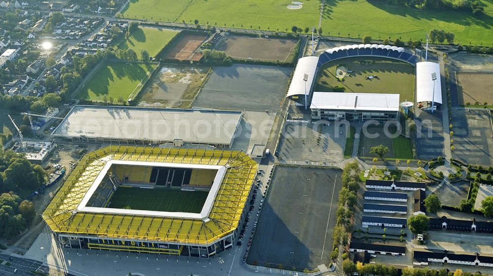 Aachen from above - Blick auf den Sportpark Soers mit dem Neuen Tivoli, Stadion des Fußballklubs Alemannia Aachen, und den Reitstadien, die im Besitz des Aachen Laurensberger Rennvereins e.V. sind. Dort findet alljährlich das CHIO Aachen statt, ein seit 1924 ausgetragenes internationales Pferdesport-Turnier. View of the sports park Soers with the New Tivoli Stadium of the football club Alemannia Aachen, and the horse arenas who are in possession of the Aachen Lauren Rennverein e.V. There will host the annual CHIO Aachen, an international equestrian tournament since 1924.