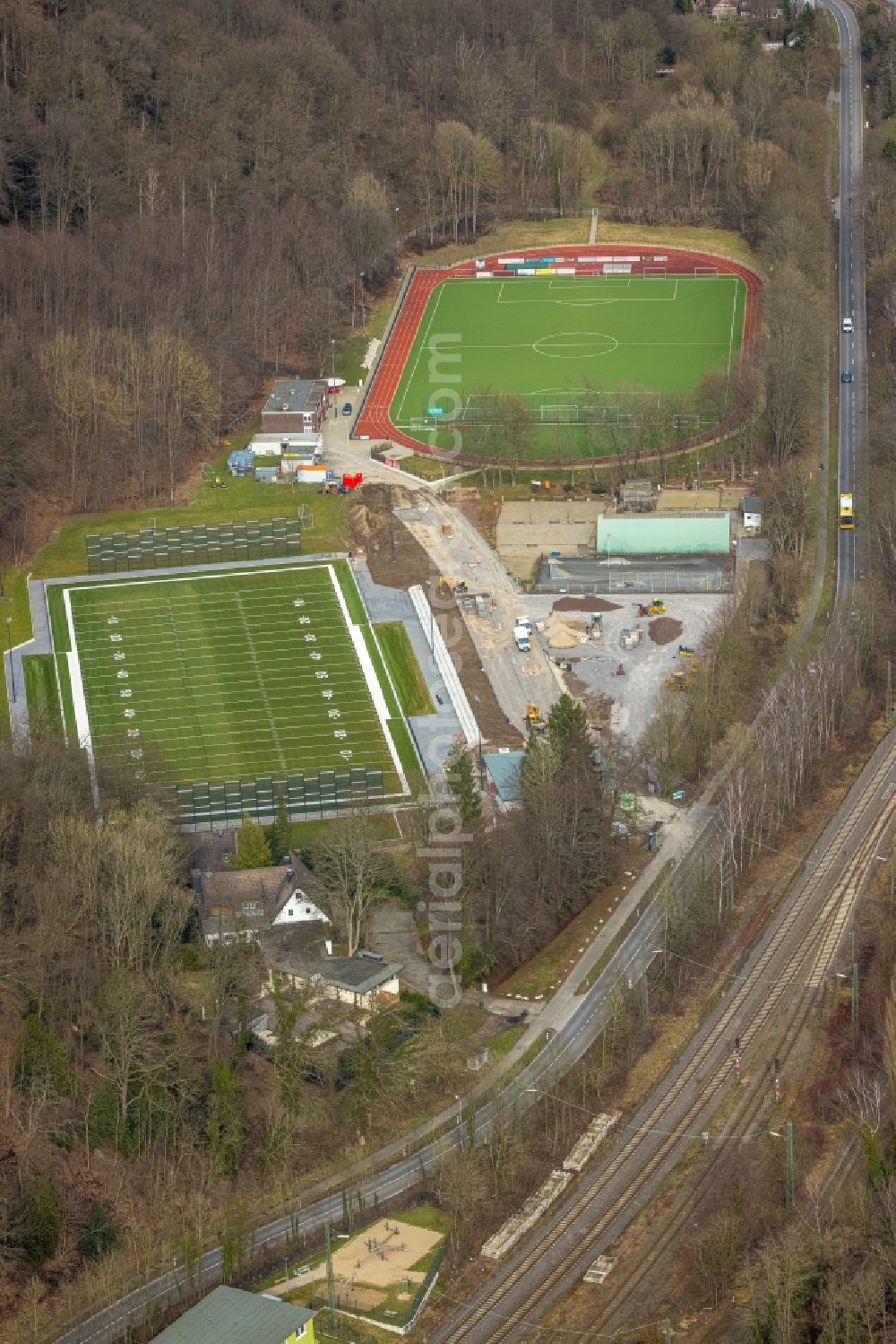 Aerial photograph Kettwig - Sports field ensemble of the football sports association Kettwig e.V. on Ruhrtalstrasse in Kettwig in the state North Rhine-Westphalia, Germany