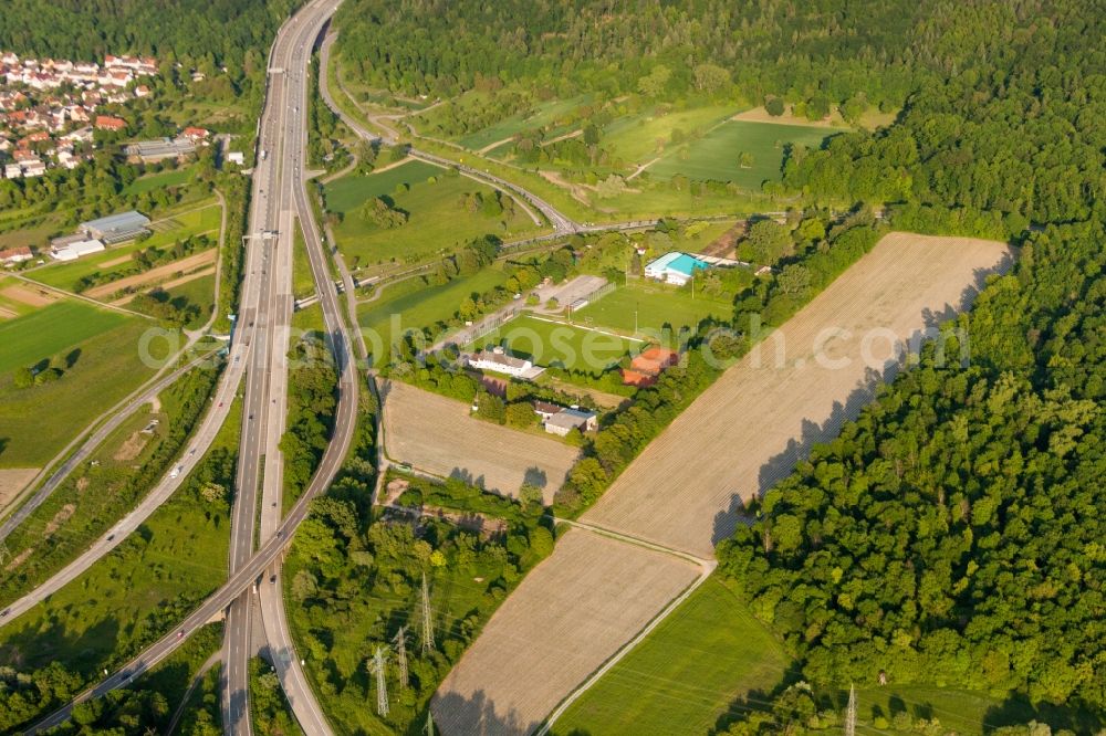 Karlsruhe from the bird's eye view: Sports grounds and football pitch of Allg. Sportver. Wolfartsweier on A5 in Karlsruhe in the state Baden-Wurttemberg, Germany