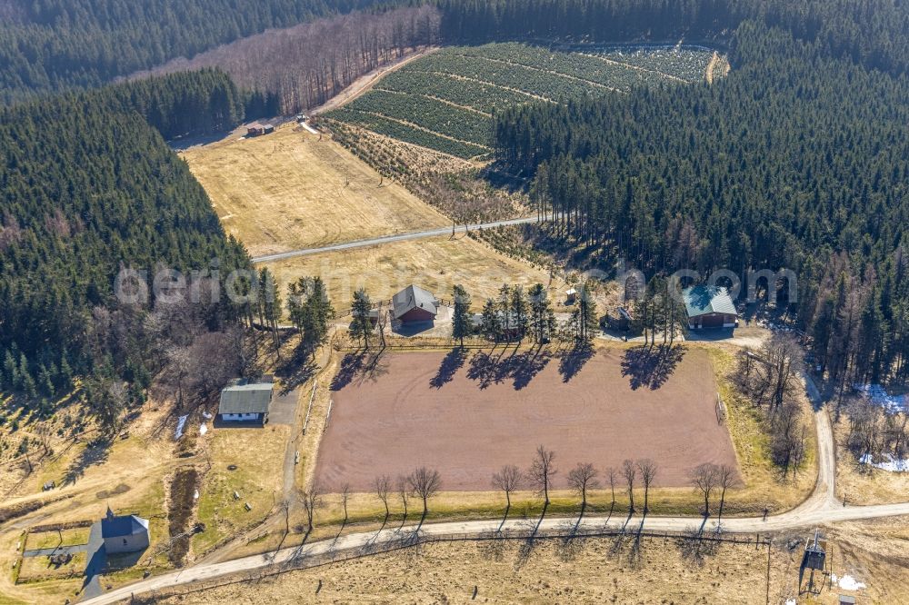 Winterberg from above - Sports grounds and football pitch of SC 62 Altastenberg/Nordenau e.V. and the mountain hut Schweden-Huette Historischer Pfad in Winterberg at Sauerland in the state North Rhine-Westphalia, Germany