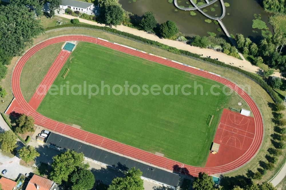 Rathenow from the bird's eye view: Sports grounds and football pitch of the BSC Rathenow 1994 e.V. in Rathenow in the state Brandenburg