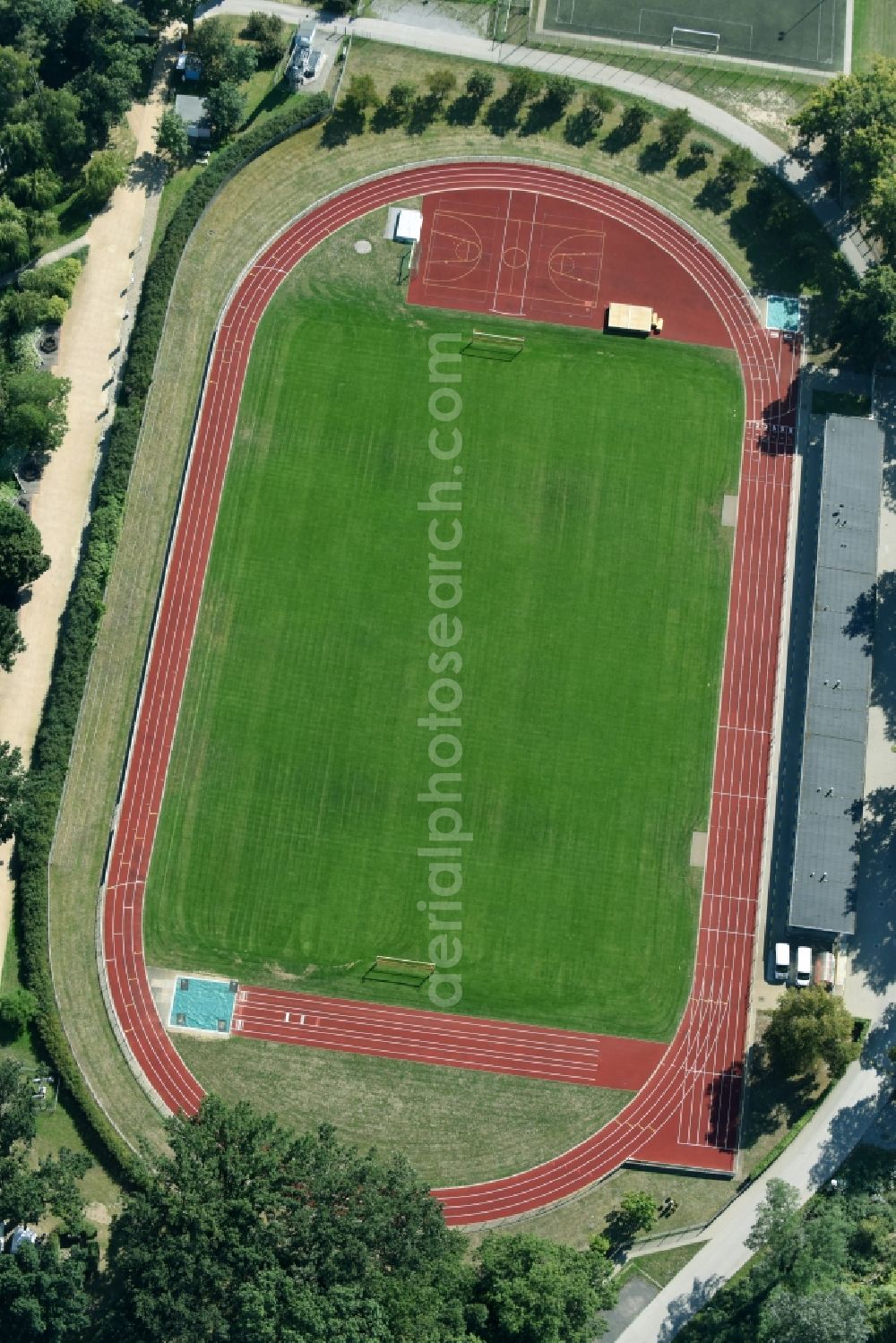 Rathenow from above - Sports grounds and football pitch of the BSC Rathenow 1994 e.V. in Rathenow in the state Brandenburg