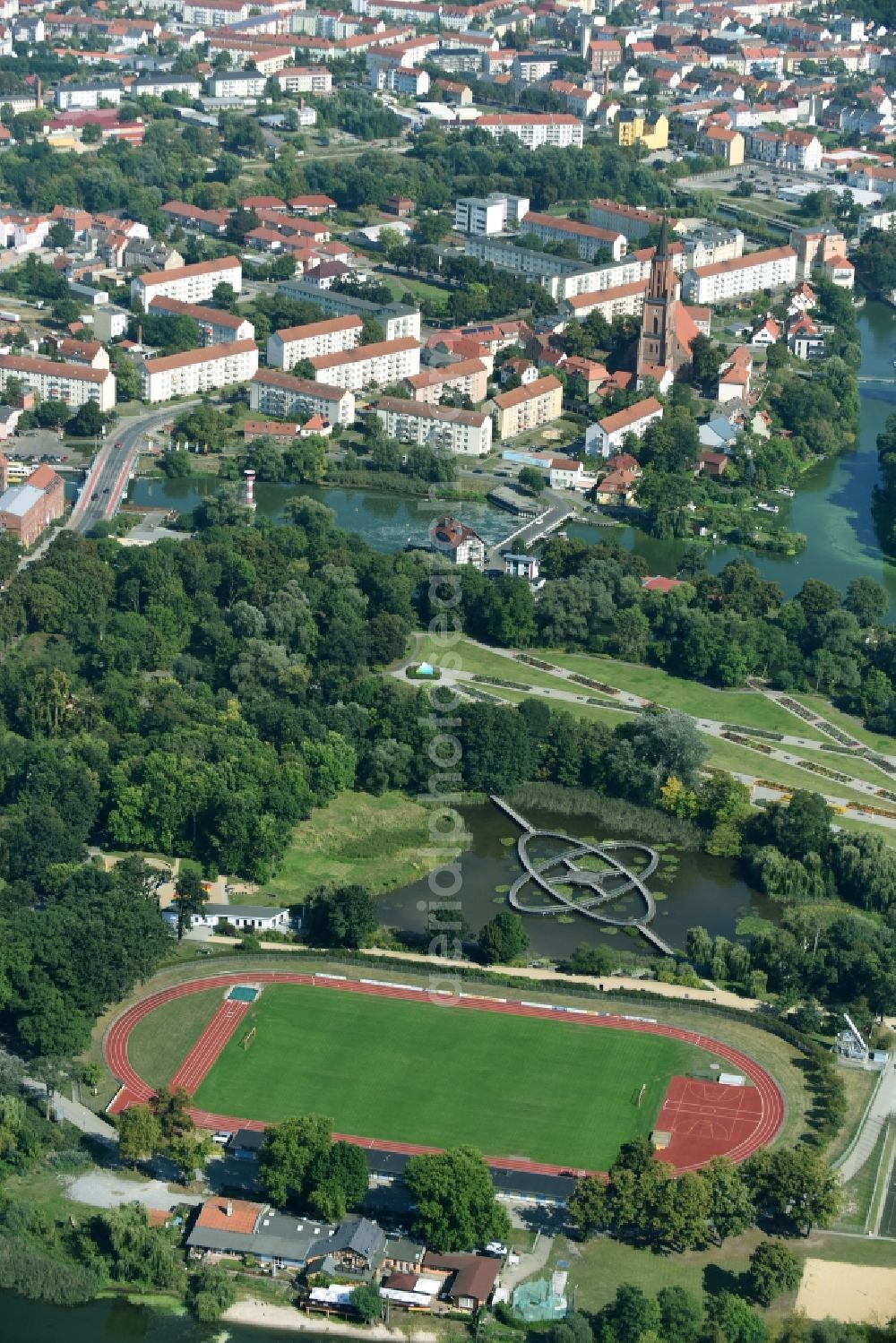 Rathenow from the bird's eye view: Sports grounds and football pitch of the BSC Rathenow 1994 e.V. in Rathenow in the state Brandenburg