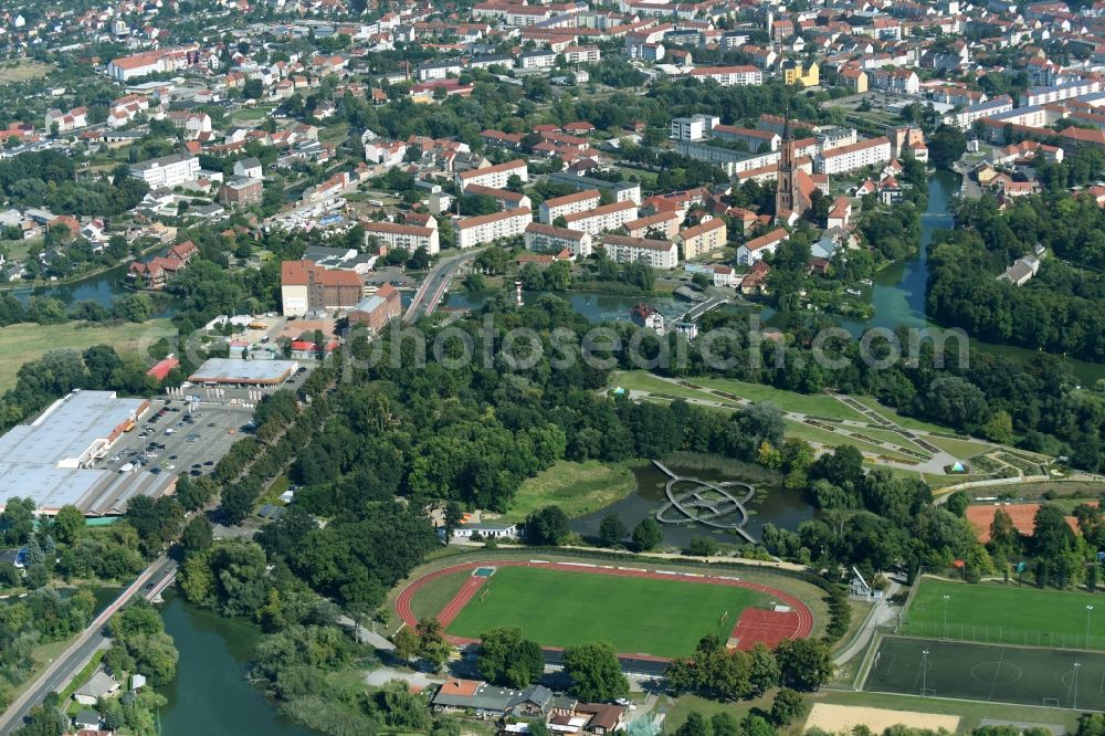 Aerial image Rathenow - Sports grounds and football pitch of the BSC Rathenow 1994 e.V. in Rathenow in the state Brandenburg