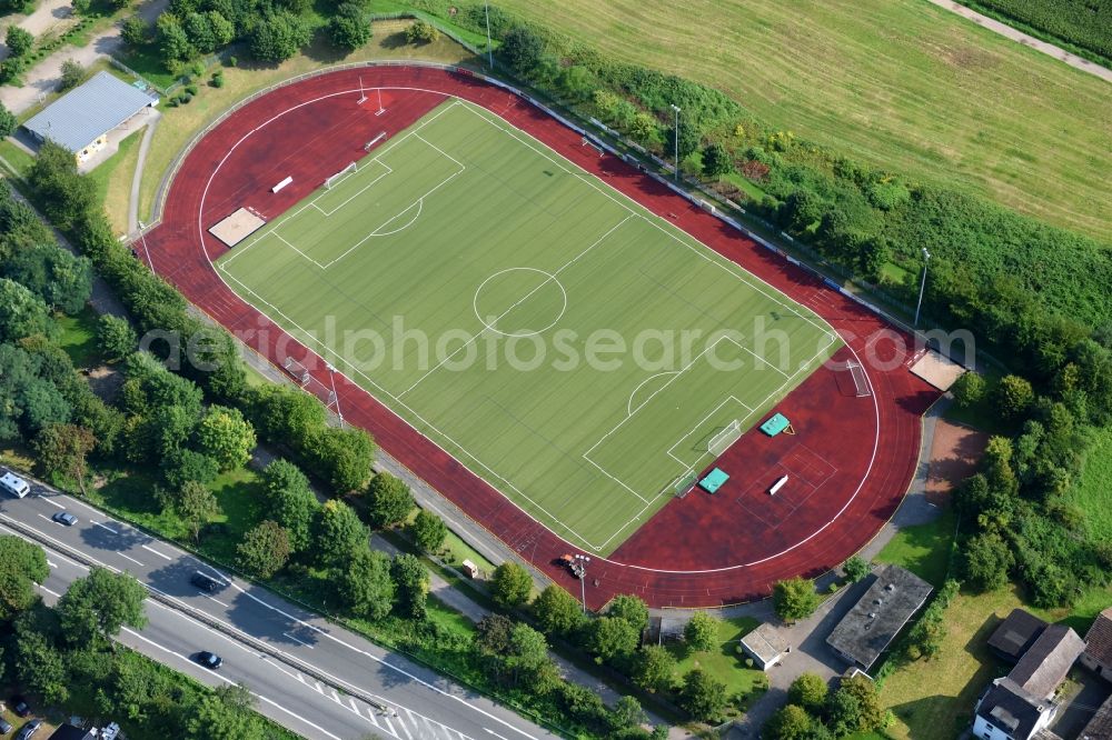 Bad Breisig from above - Sports grounds and football pitch on federal street B9 in the district Ariendorf in Bad Breisig in the state Rhineland-Palatinate, Germany