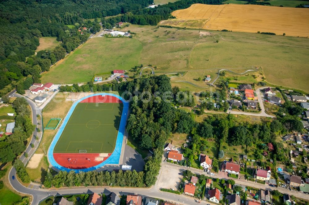 Burg Stargard from above - Sports grounds and football pitch of the SV Burgstargard 09 at Gartenstreet in Burg Stargard in the state Mecklenburg - Western Pomerania