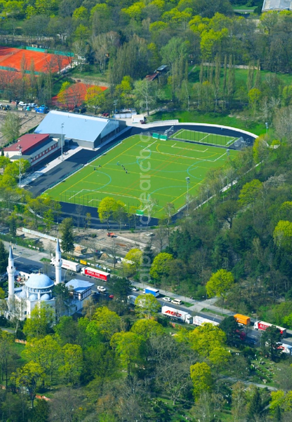 Berlin from the bird's eye view: Sports grounds and football pitch on Columbiadonm in Berlin, Germany