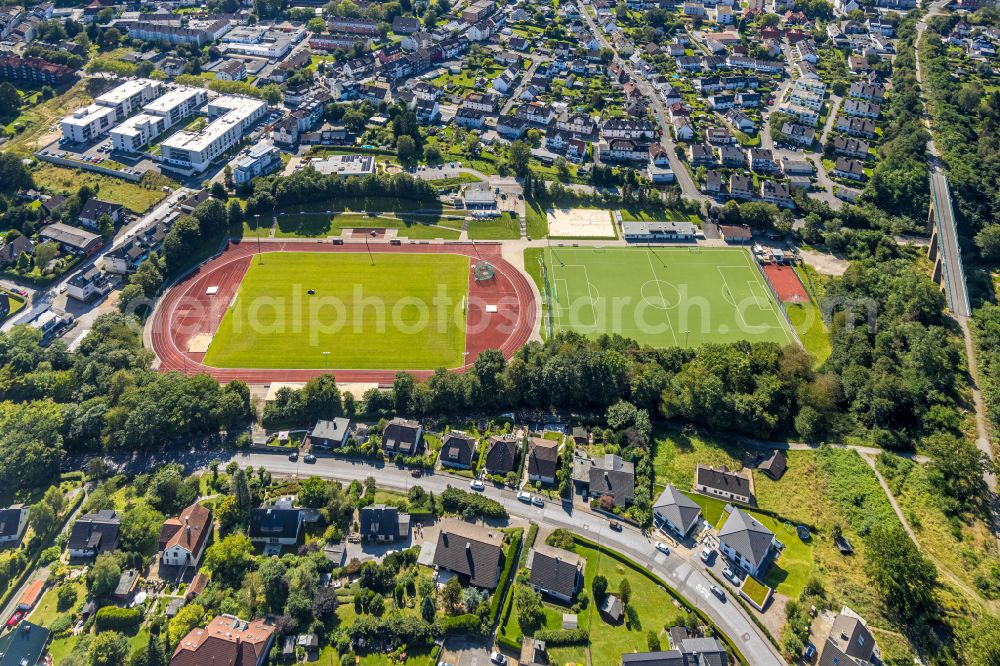 Gevelsberg from the bird's eye view: Sports grounds and football pitch along the Nelkenstrasse in the district Klostermark in Gevelsberg in the state North Rhine-Westphalia, Germany