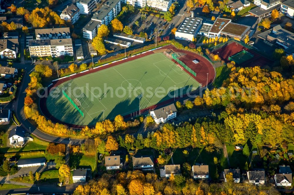 Finnentrop from above - Ensemble of sports grounds of F.C.Finnentrop 1979 e.V. in the autumnal South of Finnentrop in the state of North Rhine-Westphalia