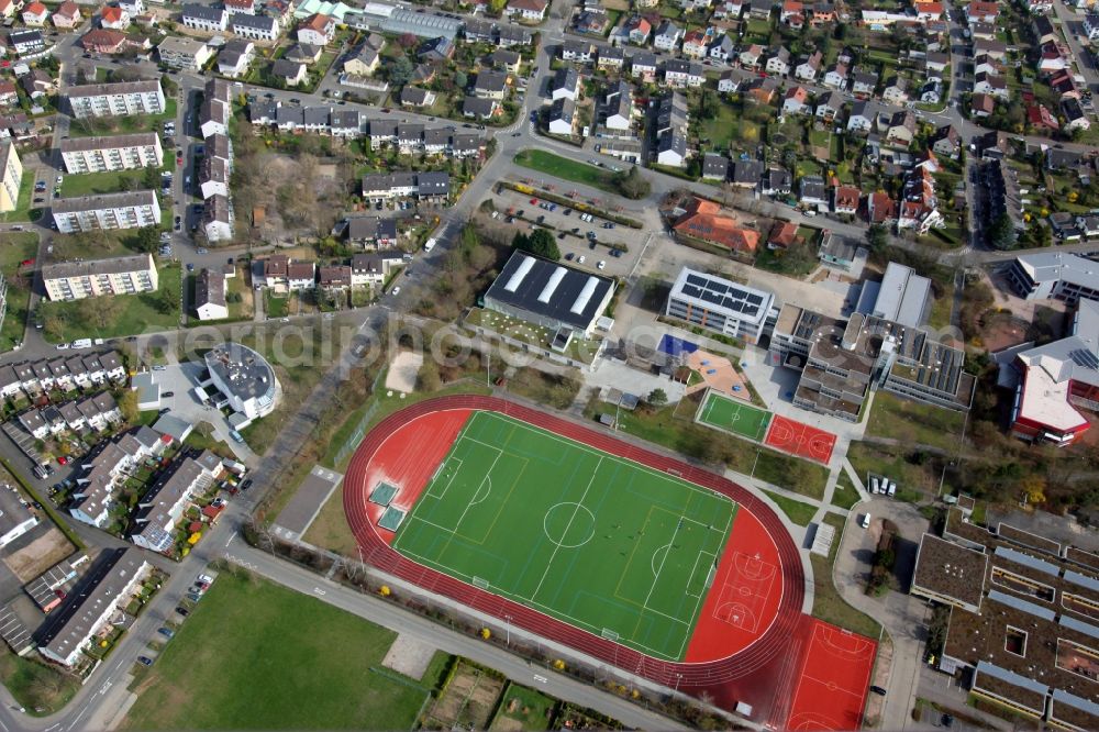 Nieder-Olm from above - Sports grounds and football pitch in front of the high school in Nieder-Olm in the state Rhineland-Palatinate