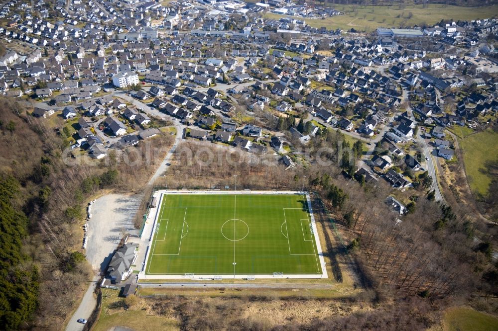 Schmallenberg from above - Sports grounds and football pitch Knappstein Arena on Heidenstrasse in Schmallenberg at Sauerland in the state North Rhine-Westphalia, Germany