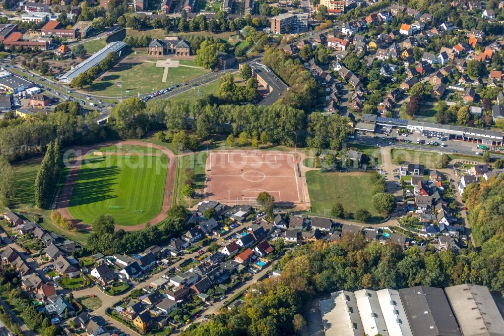 Wesel from the bird's eye view: Sports grounds and football pitch Lippe-Stadion of BSV Viktoria Wesel 1910 e.V. in Wesel in the state North Rhine-Westphalia, Germany