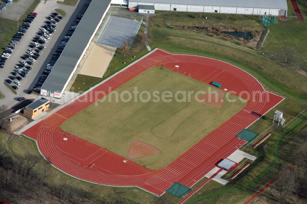 Magdeburg from the bird's eye view: Sports grounds and football pitch 1. FC Magdeburg e.V. Friedrich-Ebert-Strasse in the district Cracau in Magdeburg in the state Saxony-Anhalt