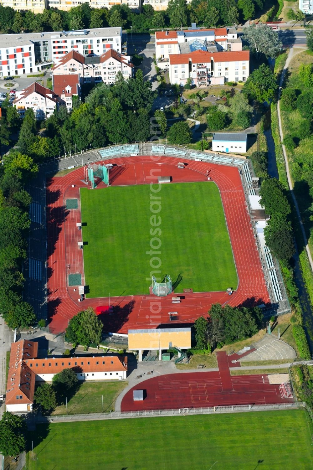 Neubrandenburg from above - Sports grounds and football pitch of FC Neubrandenburg on Badeweg in Neubrandenburg in the state Mecklenburg - Western Pomerania, Germany