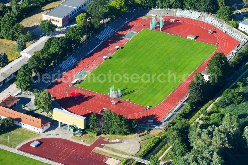 Neubrandenburg from the bird's eye view: Sports grounds and football pitch of FC Neubrandenburg on Badeweg in Neubrandenburg in the state Mecklenburg - Western Pomerania, Germany