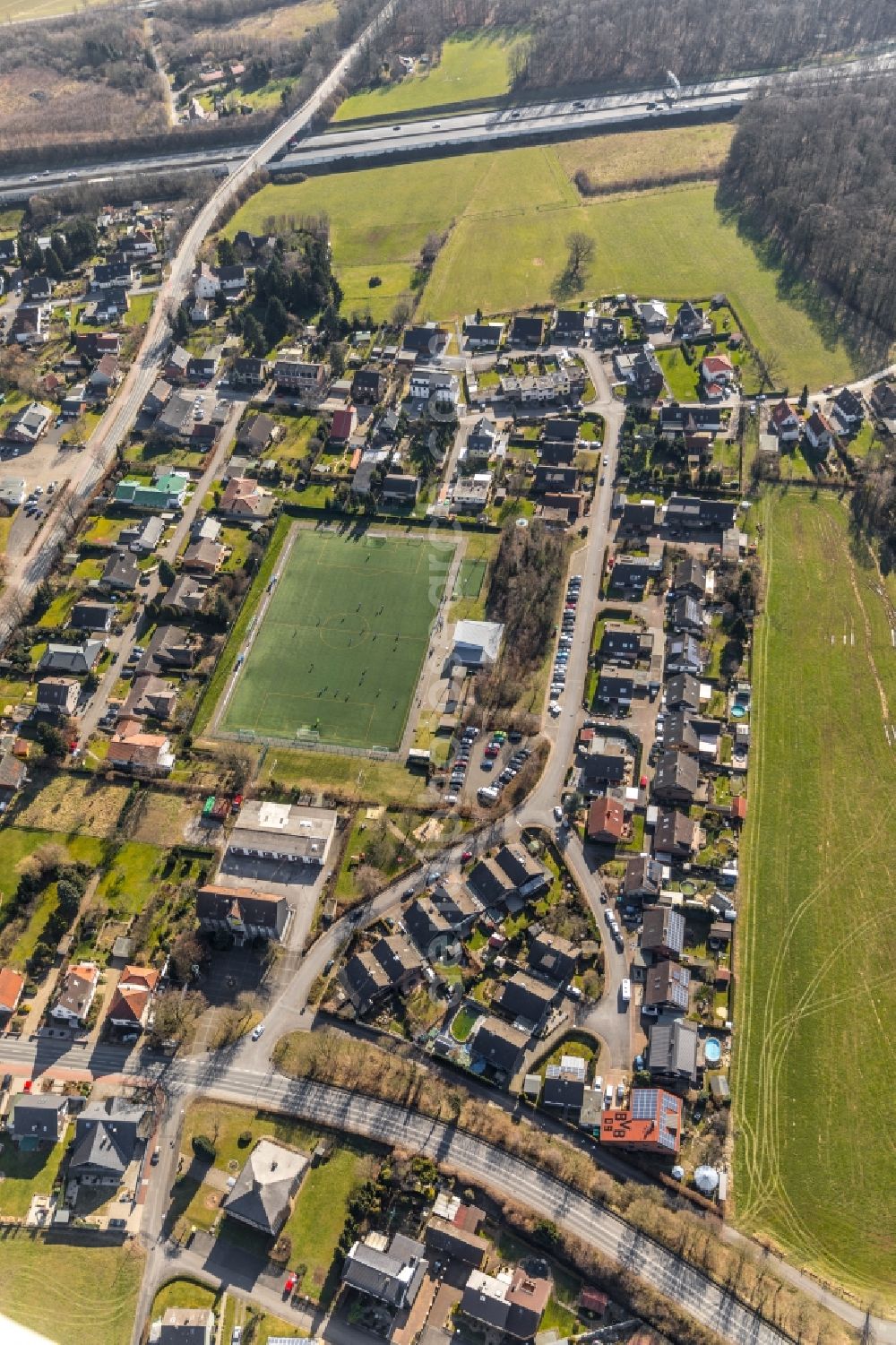 Nordbögge from the bird's eye view: Sports grounds and football pitch in Nordboegge in the state North Rhine-Westphalia, Germany