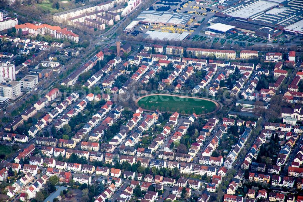 Mannheim from above - Sports grounds and football pitch in the district Almenhof in Mannheim in the state Baden-Wuerttemberg, Germany