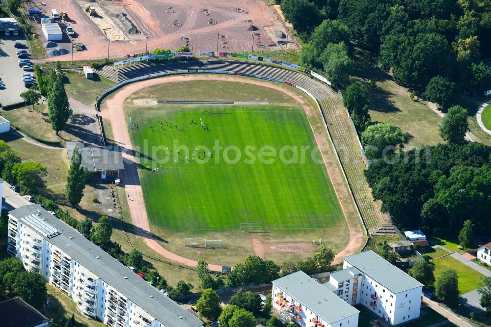 Schwedt/Oder from the bird's eye view: Sports grounds and football pitch of FC Schwedt 02 e.V. in Schwedt/Oder in the state Brandenburg, Germany