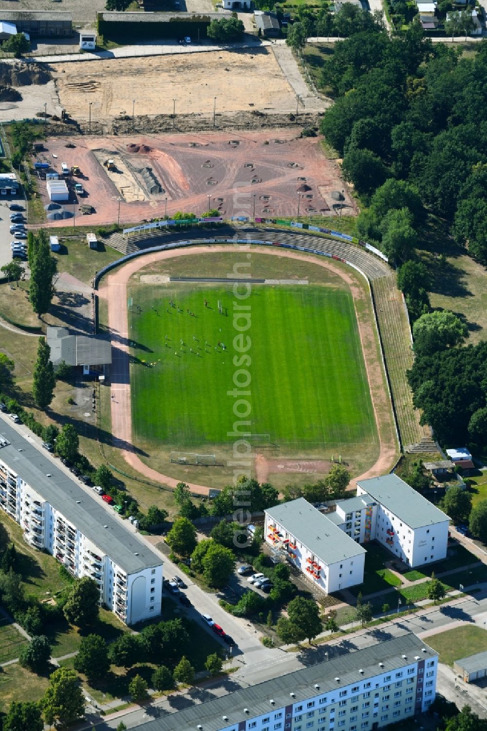 Aerial image Schwedt/Oder - Sports grounds and football pitch of FC Schwedt 02 e.V. in Schwedt/Oder in the state Brandenburg, Germany