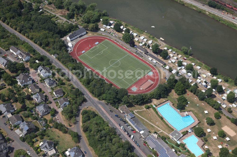 Cochem from above - Sports grounds and football pitch, Swimming pool and campsite on the banks of the Moselle in Cochem in the state Rhineland-Palatinate, Germany