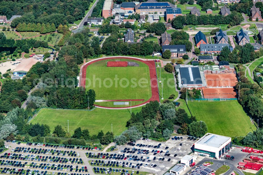 Aerial image Norderney - Sports field - soccer field Sportanlagen an der Muehle with tennis courts on the island of Norderney in the state of Lower Saxony, Germany