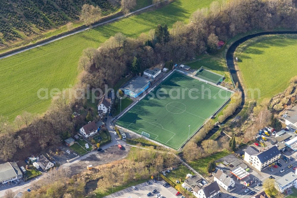 Hachen from the bird's eye view: Sports grounds and football pitch Sportplatz Huettenwiese in Hachen at Sauerland in the state North Rhine-Westphalia, Germany